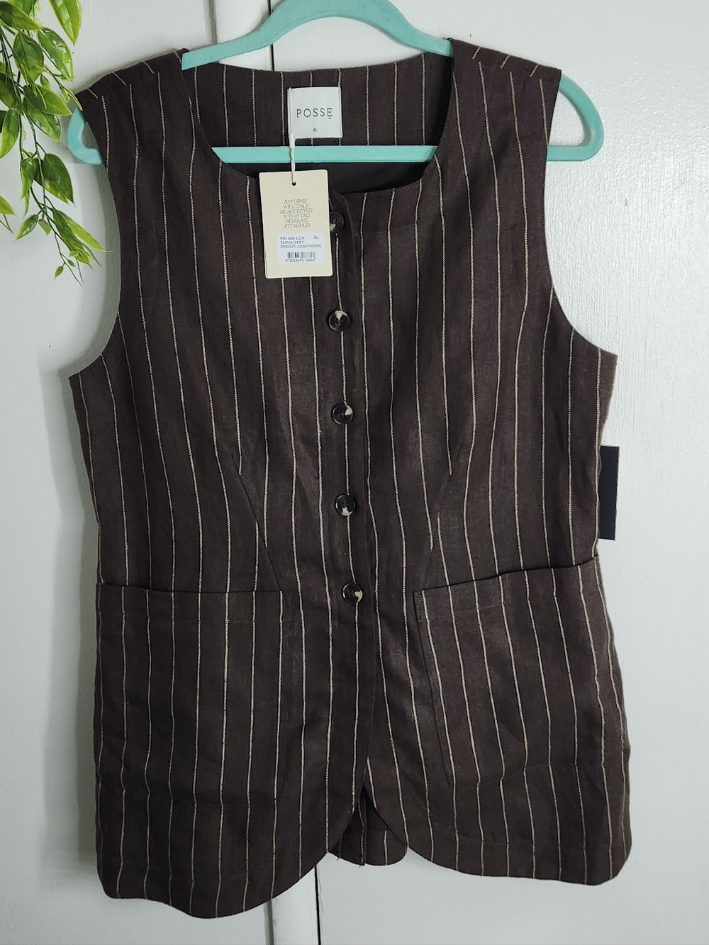 ✨ POSSE Emma Vest Chocolate Cream Pinstripe Linen NWT XL 🤎✨ - Picture 2 of 11